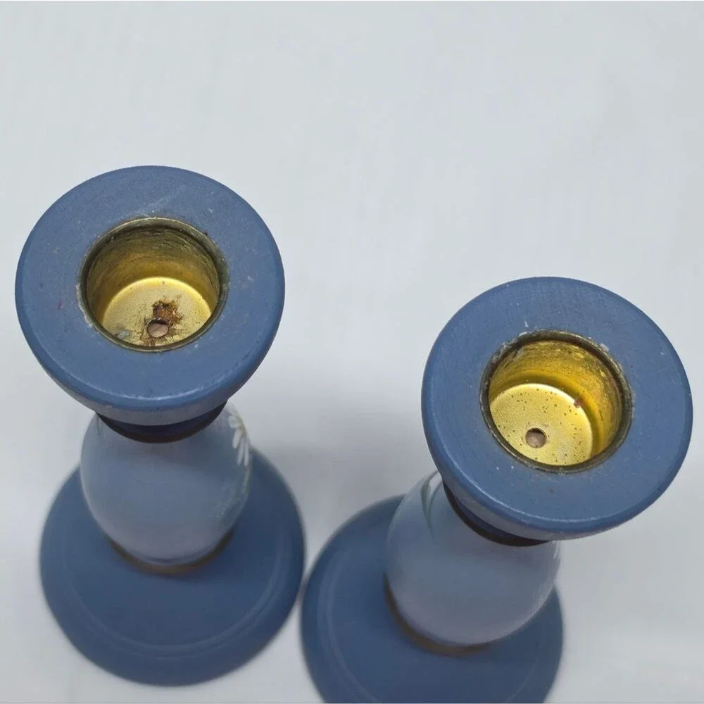 Vintage Swedish Handpainted Blue Floral Wooden Candlestick Holders Set Folk Art
